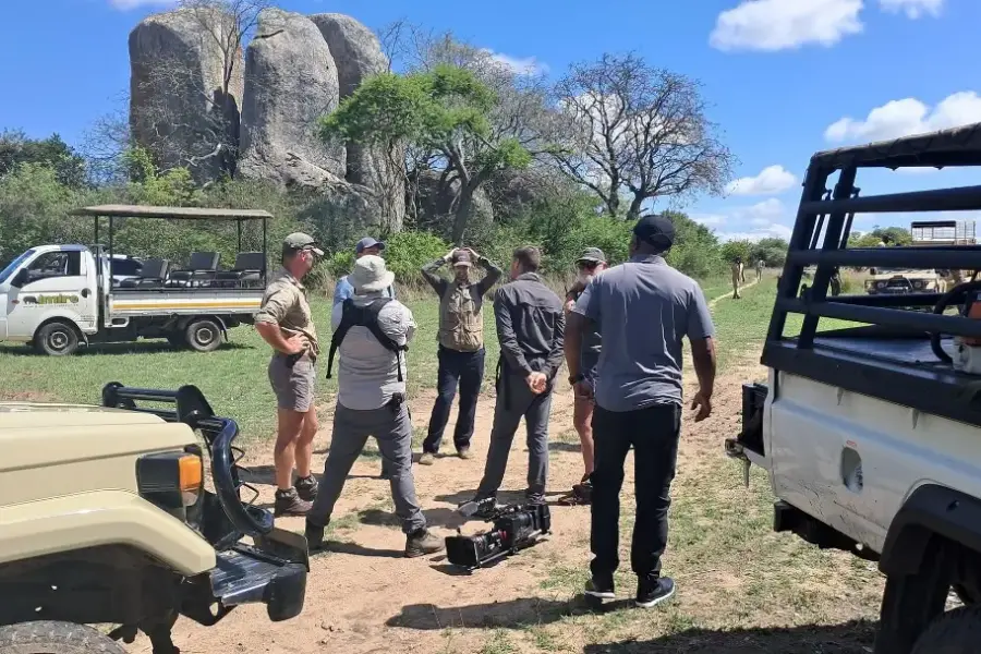 Morning briefing below the balancing rocks